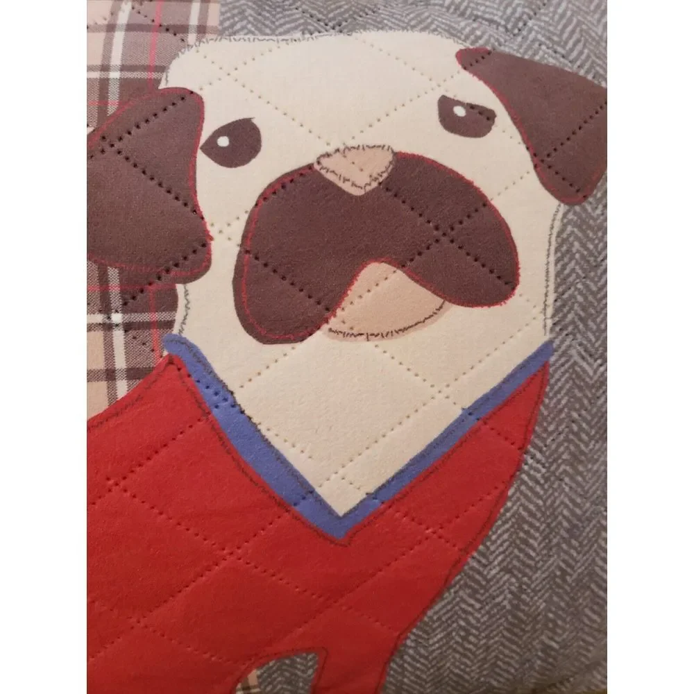 Dog Pillow Pug‎ Quilted Plaid 18 x 15 Decor Herringbone Canine Soft Plush Throw